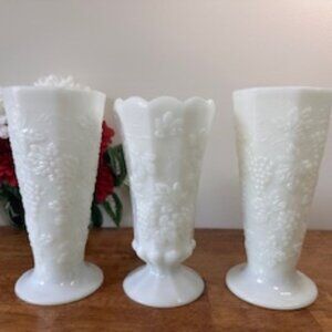 Vintage Milk Glass Vases Set – Grapevine Pattern Pedestal Vases White Floral Emb